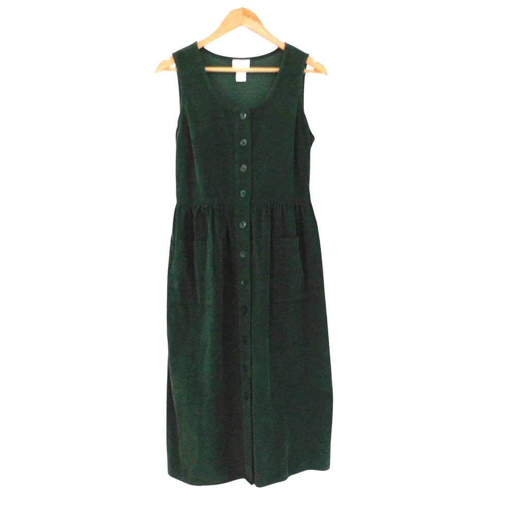 Womens Corduroy Jumper Dress Sleeveless Green Shirt Dress Size Medium Petite
